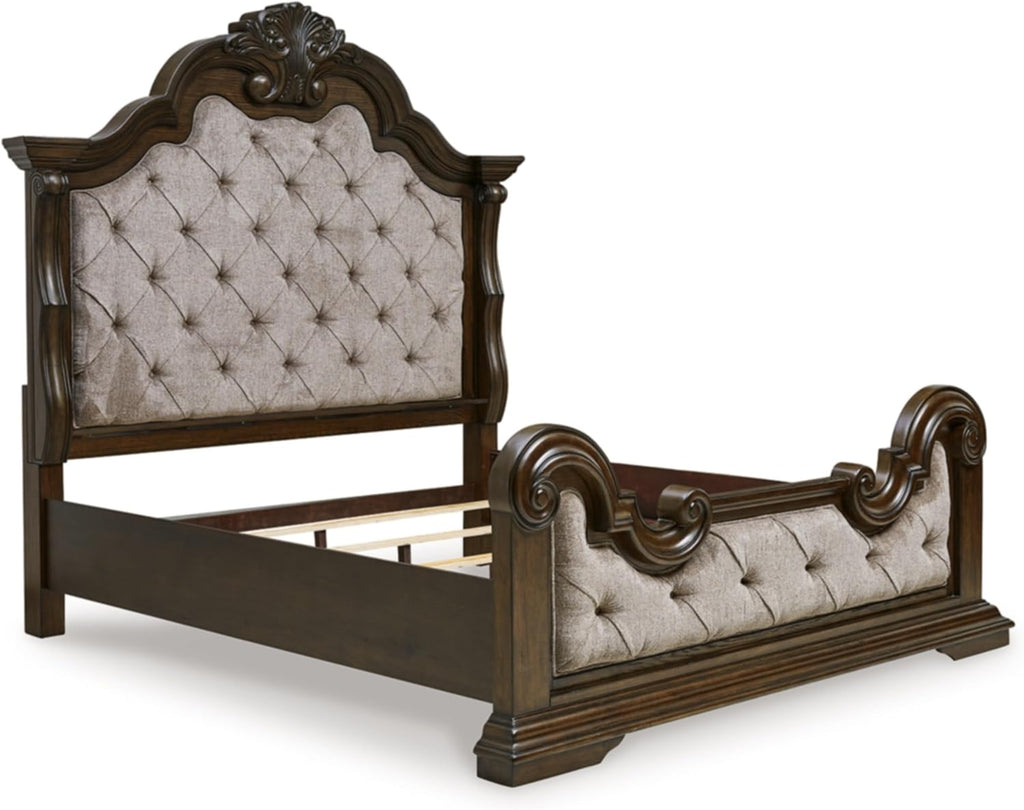 Traditional Tufted California King Bed 🛏️ Elegant Upholstered Panel, Plush Comfort – Dark Brown & Beige