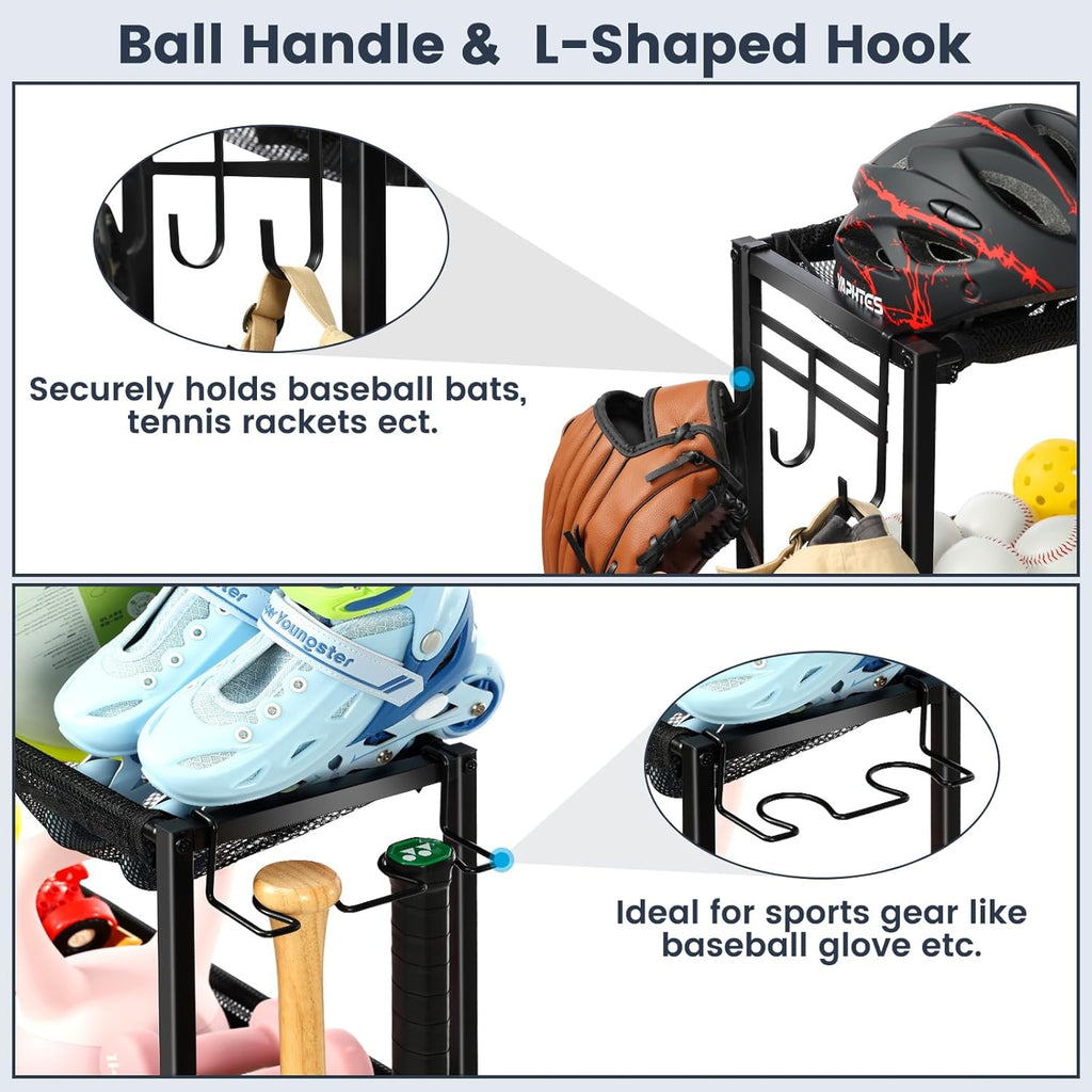 Garage Sports Equipment Organizer 🏀⚽🎾 Sports Rack with Hooks & 37 Gal Ball Storage Bin 🏋️‍♂️ Indoor & Outdoor Storage for Balls, Rackets, Toys