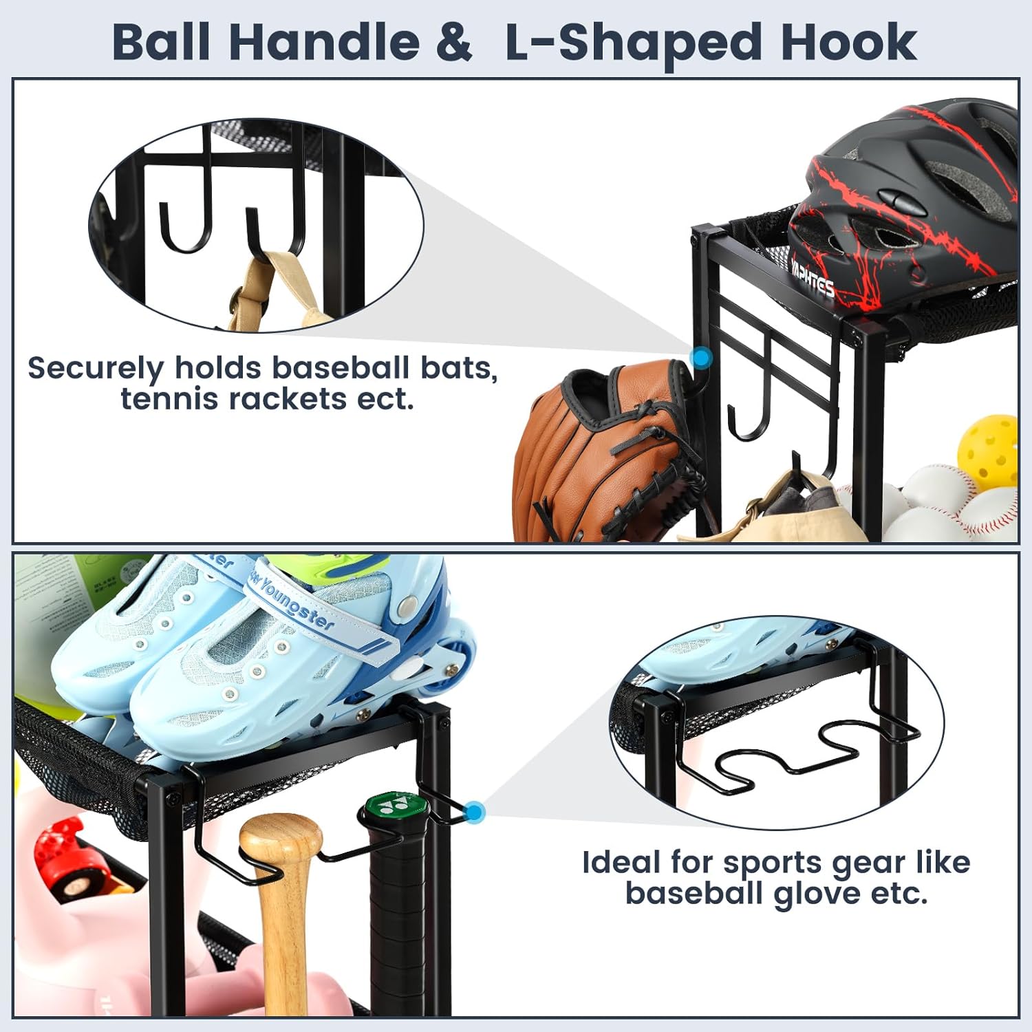 Garage Sports Equipment Organizer 🏀⚽🎾 Sports Rack with Hooks & 37 Gal Ball Storage Bin 🏋️‍♂️ Indoor & Outdoor Storage for Balls, Rackets, Toys