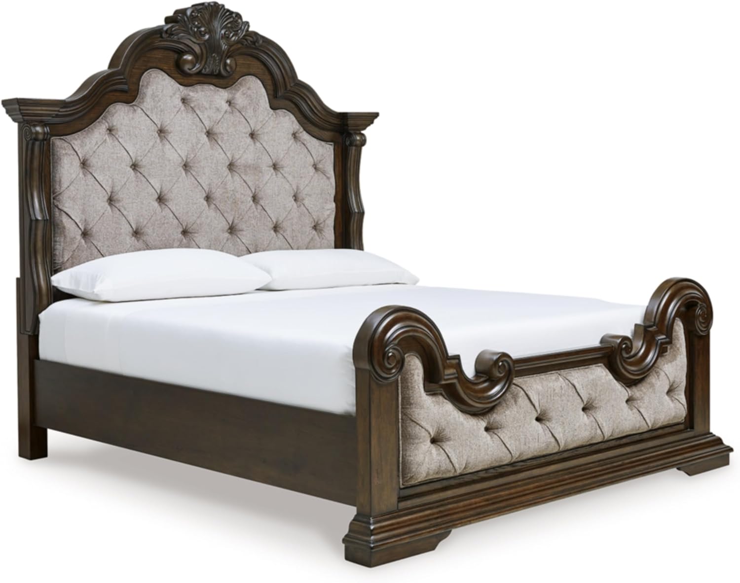 Traditional Tufted California King Bed 🛏️ Elegant Upholstered Panel, Plush Comfort – Dark Brown & Beige