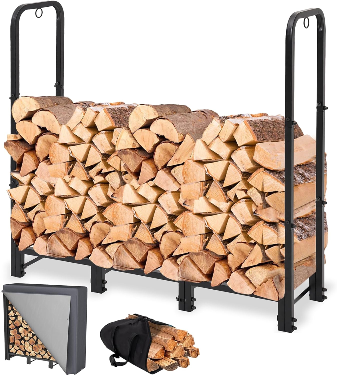 4FT Outdoor Firewood Rack 🌲 Heavy Duty Wood Holder with Waterproof Cover 🪵 Adjustable Log Storage Stand for Patio & Fireplace