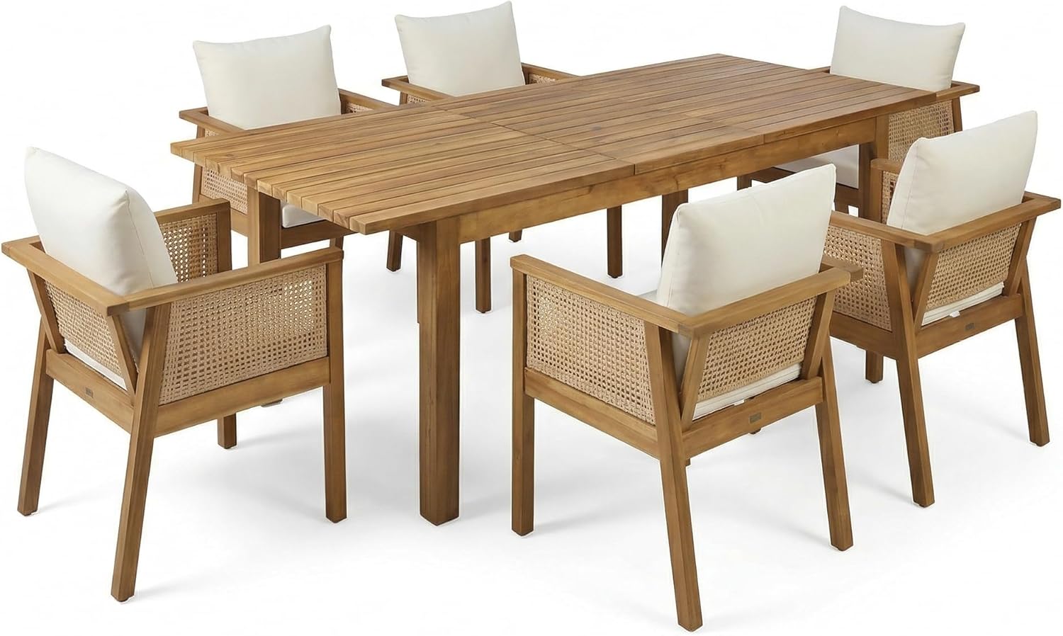 Extendable Acacia Wood Outdoor Dining Set for 6 🍽️ Expandable Patio Table & Chairs – Solid Wood Armchairs with Teak & Beige Cushions, Perfect for Backyard & Patio
