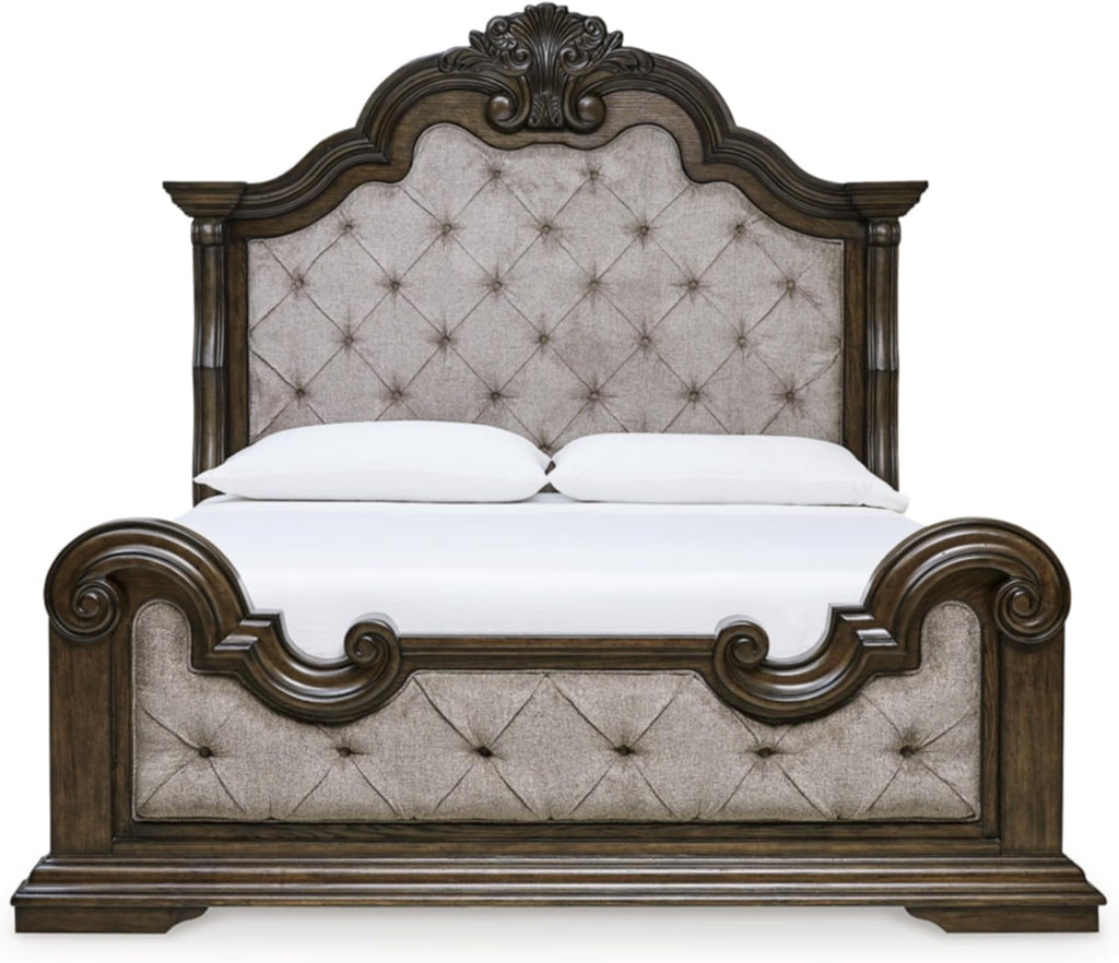 Traditional Tufted California King Bed 🛏️ Elegant Upholstered Panel, Plush Comfort – Dark Brown & Beige