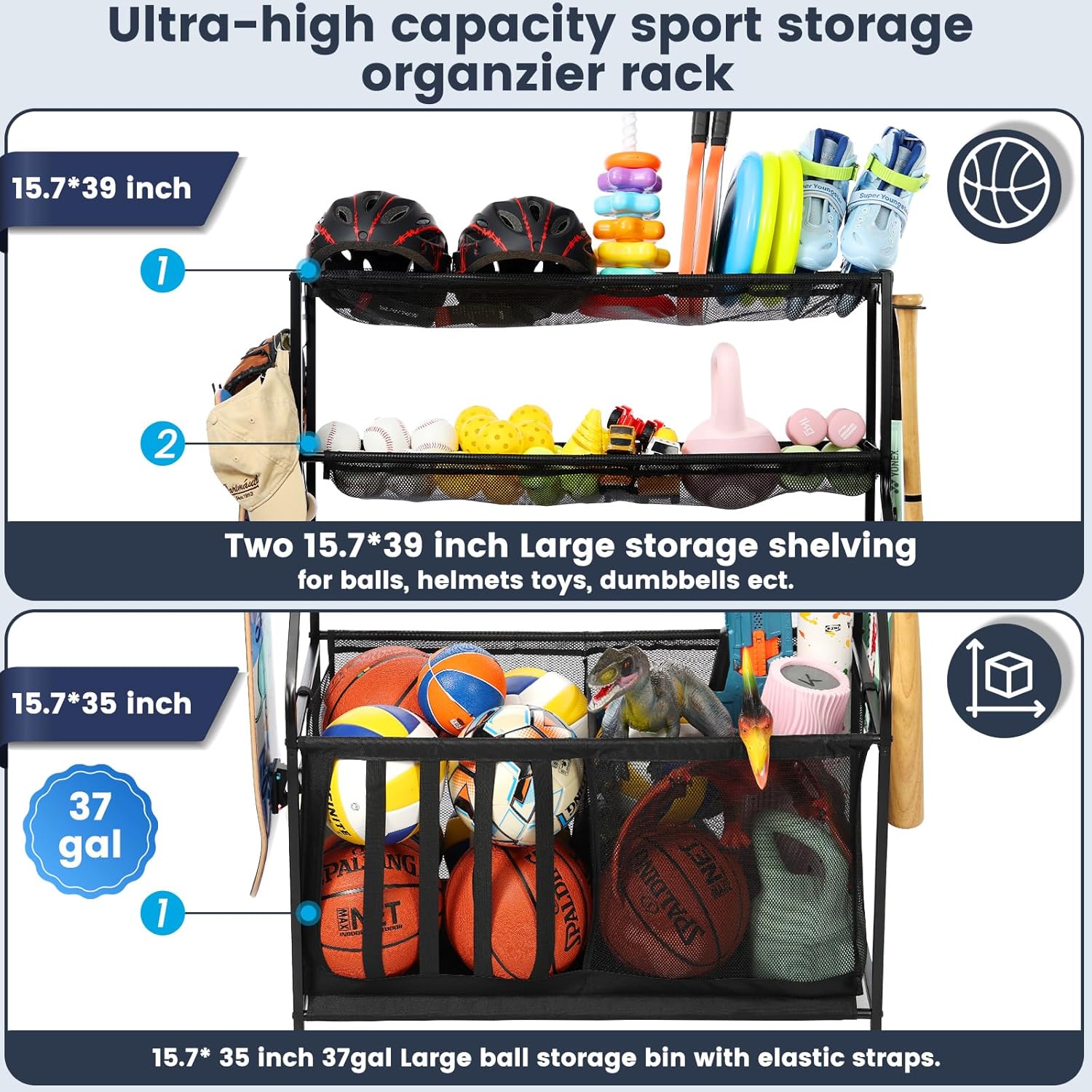 Garage Sports Equipment Organizer 🏀⚽🎾 Sports Rack with Hooks & 37 Gal Ball Storage Bin 🏋️‍♂️ Indoor & Outdoor Storage for Balls, Rackets, Toys