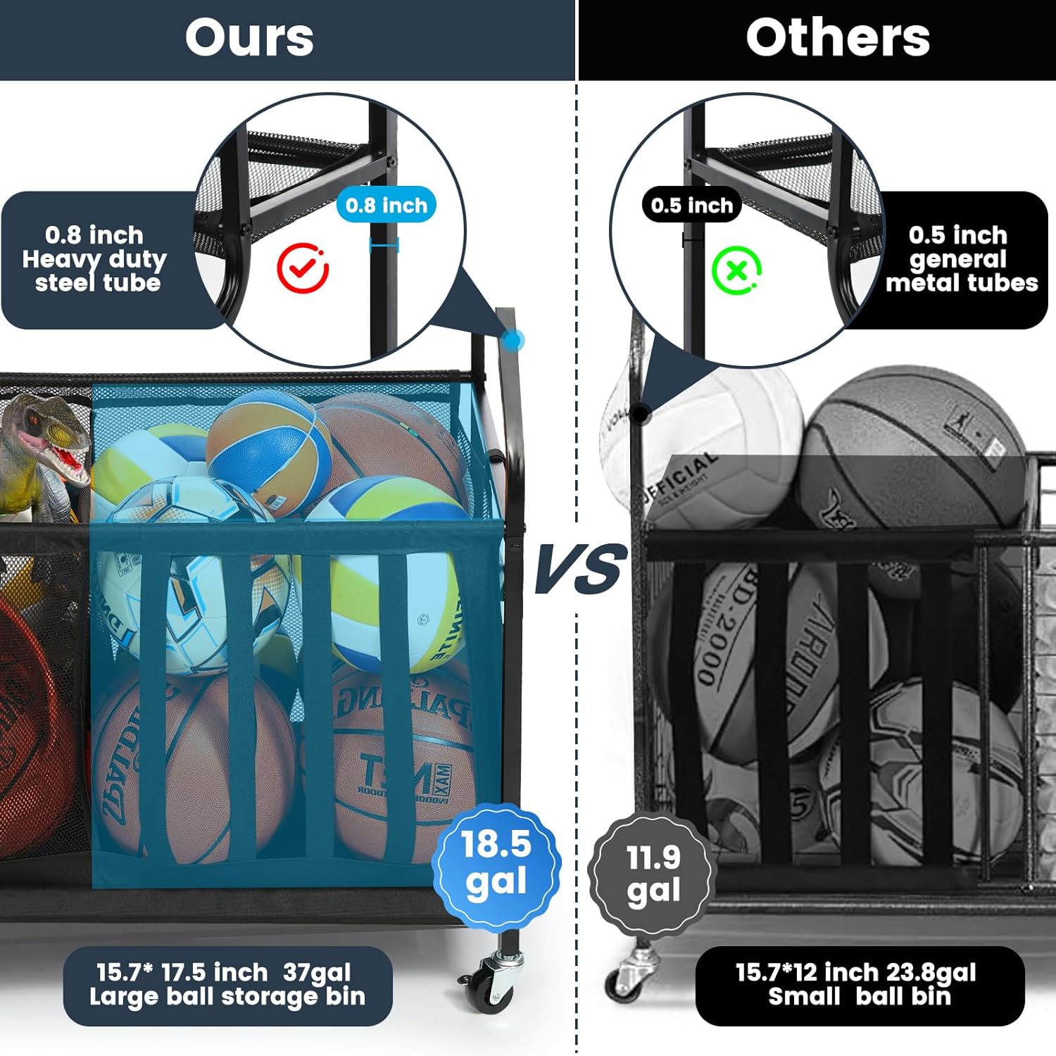 Garage Sports Equipment Organizer 🏀⚽🎾 Sports Rack with Hooks & 37 Gal Ball Storage Bin 🏋️‍♂️ Indoor & Outdoor Storage for Balls, Rackets, Toys