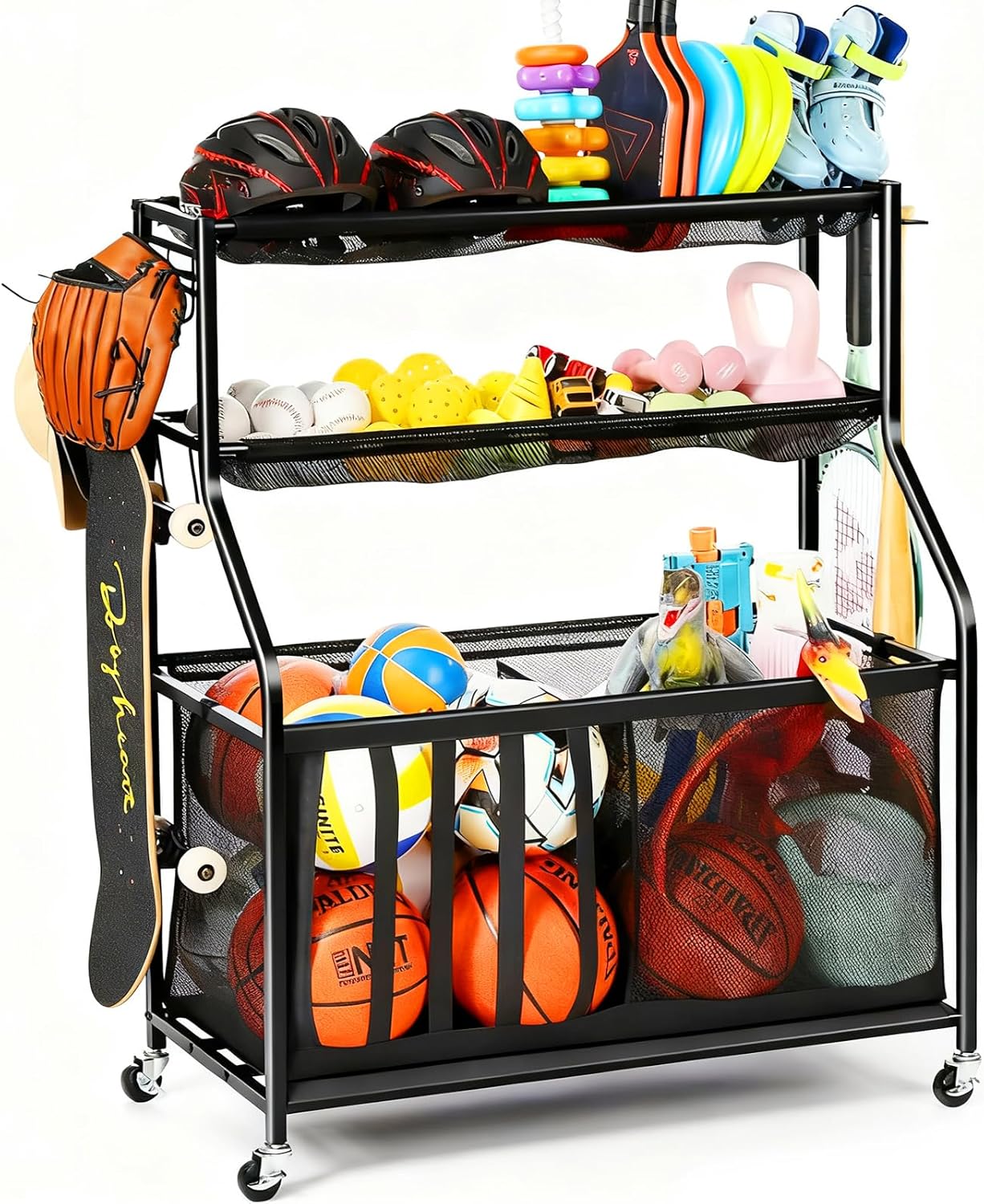Garage Sports Equipment Organizer 🏀⚽🎾 Sports Rack with Hooks & 37 Gal Ball Storage Bin 🏋️‍♂️ Indoor & Outdoor Storage for Balls, Rackets, Toys