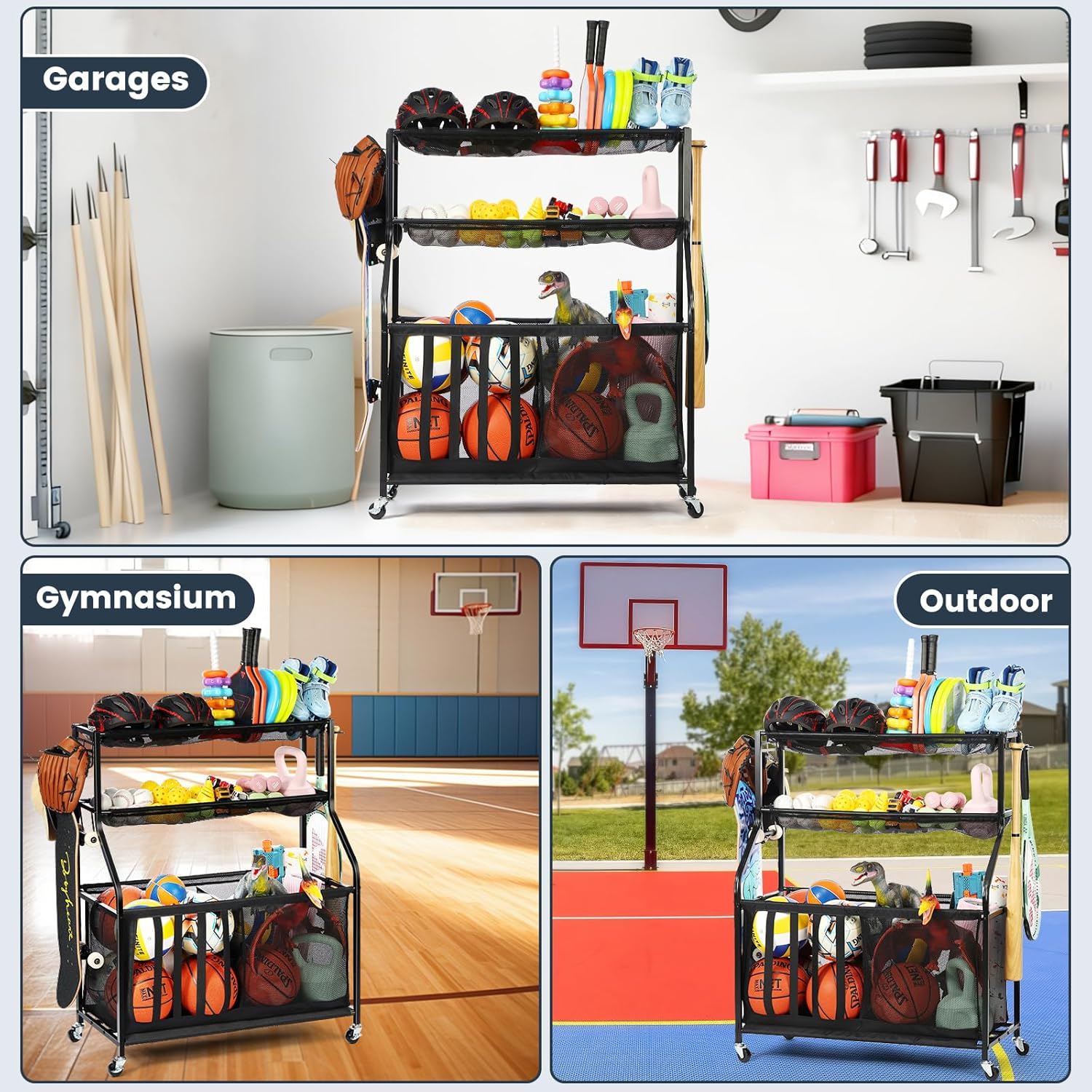 Garage Sports Equipment Organizer 🏀⚽🎾 Sports Rack with Hooks & 37 Gal Ball Storage Bin 🏋️‍♂️ Indoor & Outdoor Storage for Balls, Rackets, Toys