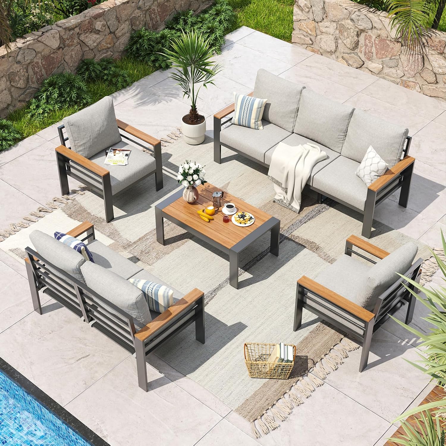 7-Seater Aluminum Patio Furniture Set 🌞 Oversized Outdoor Sectional with Thick Washable Cushions, Coffee Table & Waterproof Cover – Perfect for Porch, Balcony & Deck