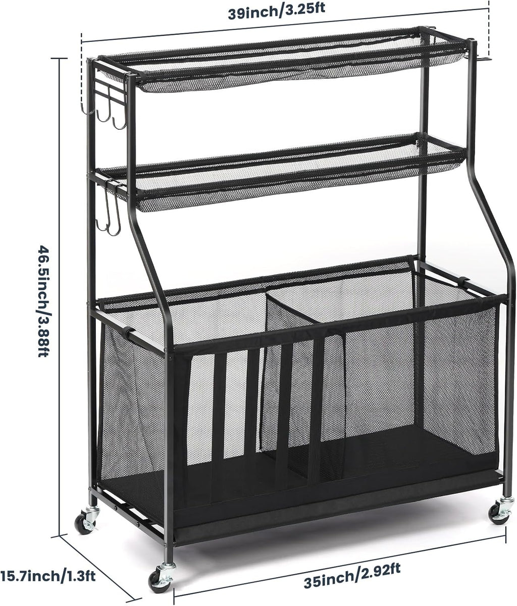 Garage Sports Equipment Organizer 🏀⚽🎾 Sports Rack with Hooks & 37 Gal Ball Storage Bin 🏋️‍♂️ Indoor & Outdoor Storage for Balls, Rackets, Toys