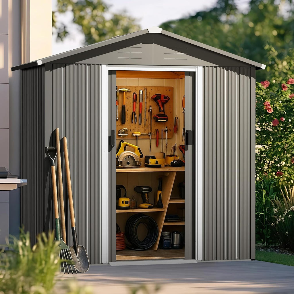 6 x 4 FT Outdoor Storage Shed – Rust-Resistant Metal Garden Shed with Sliding Doors & Sloping Roof 🏡 Perfect for Patio, Lawn & Backyard Tools