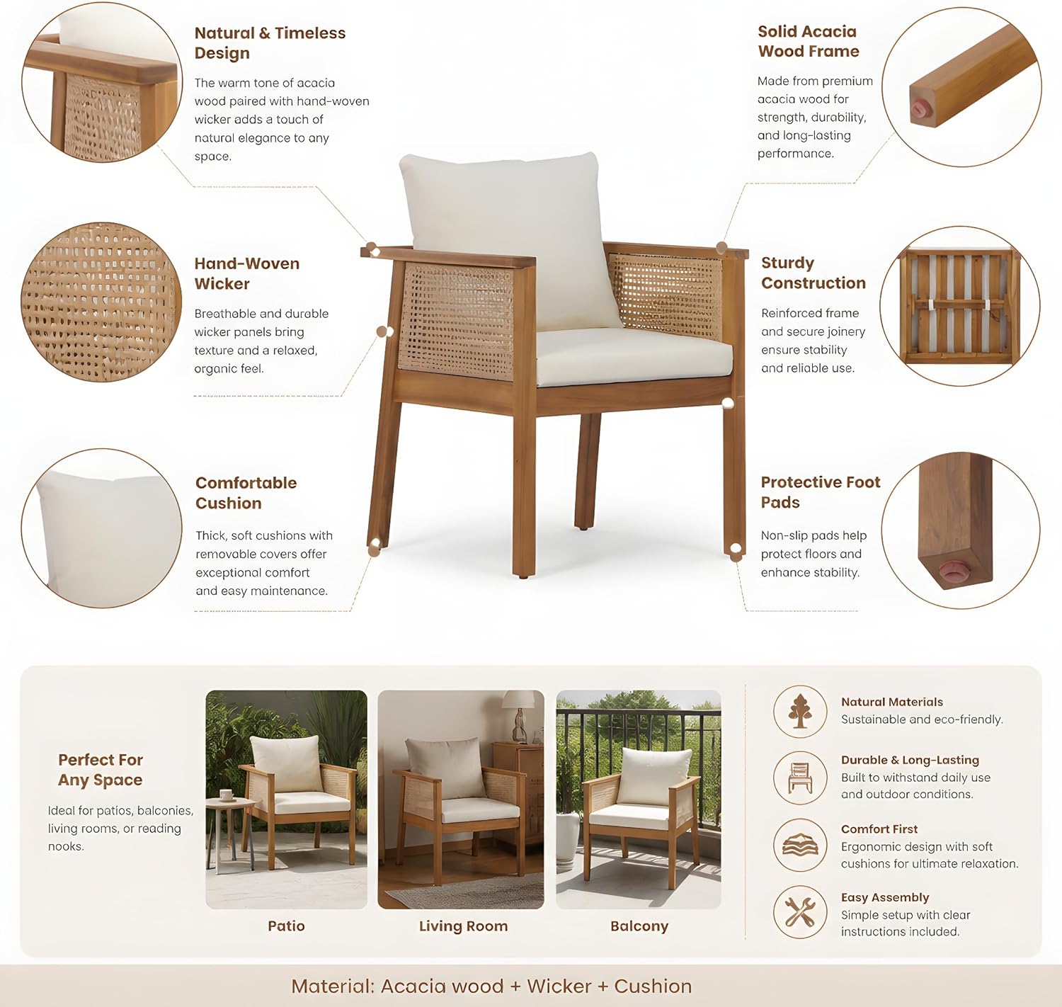 Extendable Acacia Wood Outdoor Dining Set for 6 🍽️ Expandable Patio Table & Chairs – Solid Wood Armchairs with Teak & Beige Cushions, Perfect for Backyard & Patio