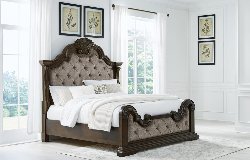 Traditional Tufted California King Bed 🛏️ Elegant Upholstered Panel, Plush Comfort – Dark Brown & Beige