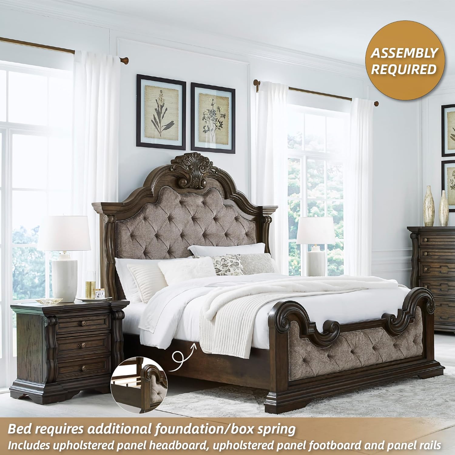 Traditional Tufted California King Bed 🛏️ Elegant Upholstered Panel, Plush Comfort – Dark Brown & Beige