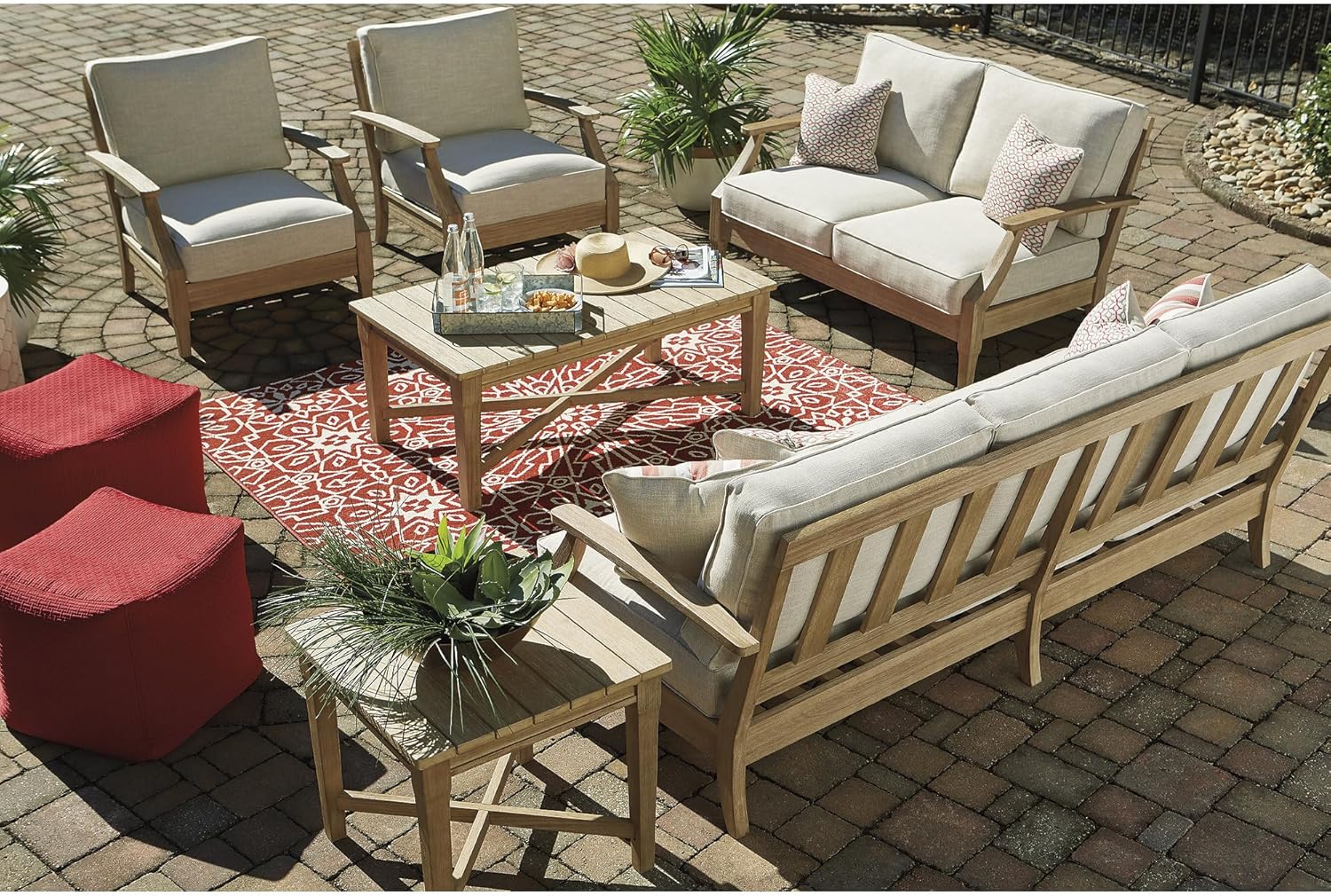 Coastal Outdoor Eucalyptus Patio Furniture Set – Stylish 3-Piece Sofa & Cushions 🌿 Comfortable, Weather-Resistant Seating for Porch & Backyard