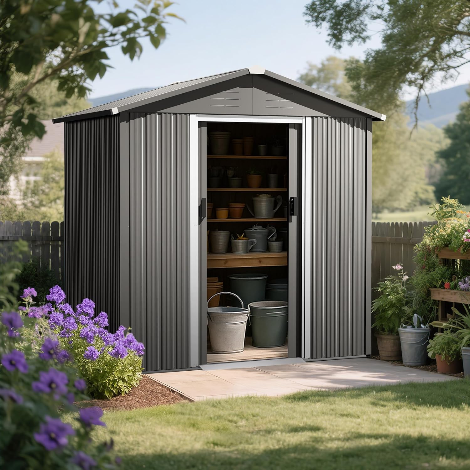 6 x 4 FT Outdoor Storage Shed – Rust-Resistant Metal Garden Shed with Sliding Doors & Sloping Roof 🏡 Perfect for Patio, Lawn & Backyard Tools