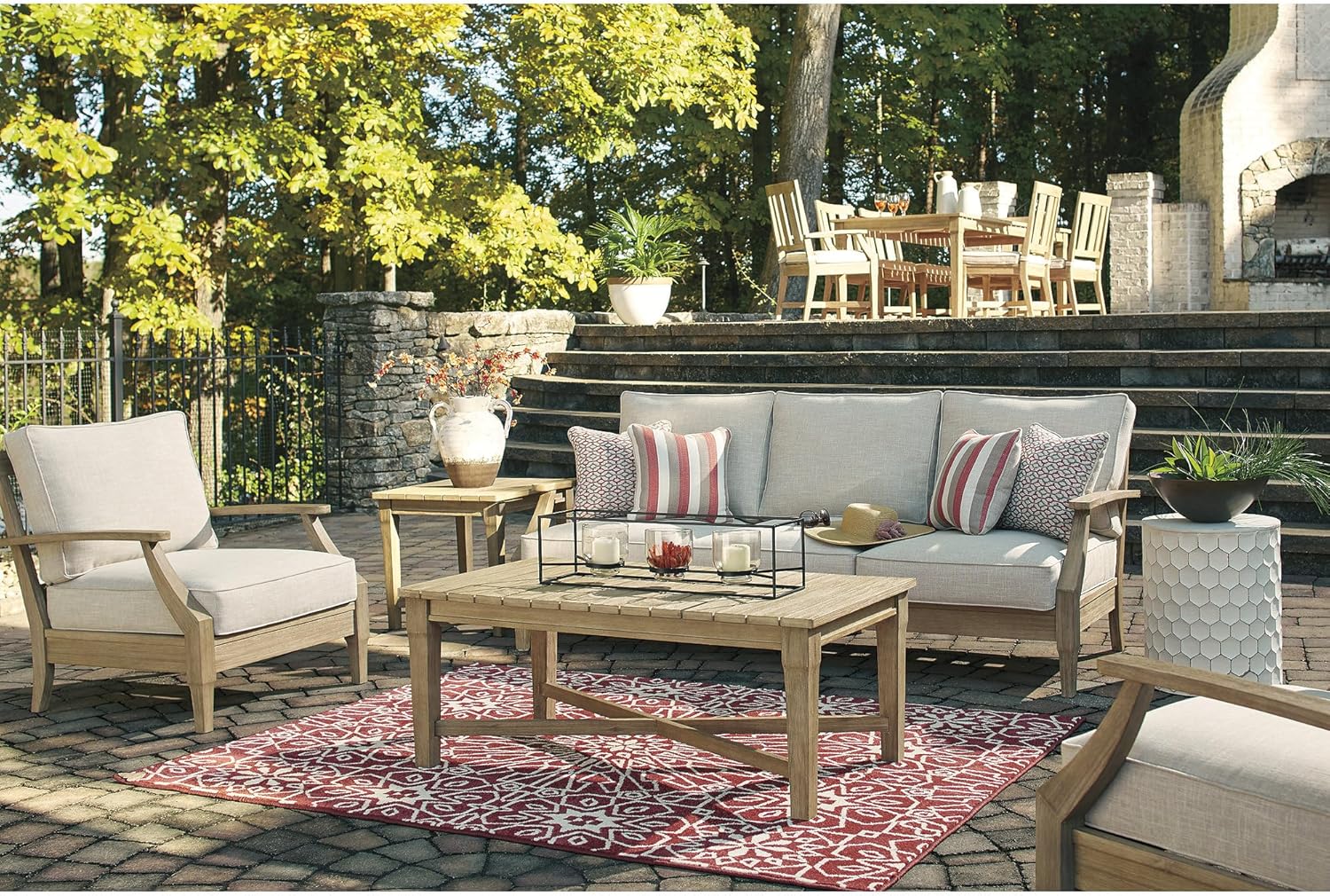 Coastal Outdoor Eucalyptus Patio Furniture Set – Stylish 3-Piece Sofa & Cushions 🌿 Comfortable, Weather-Resistant Seating for Porch & Backyard