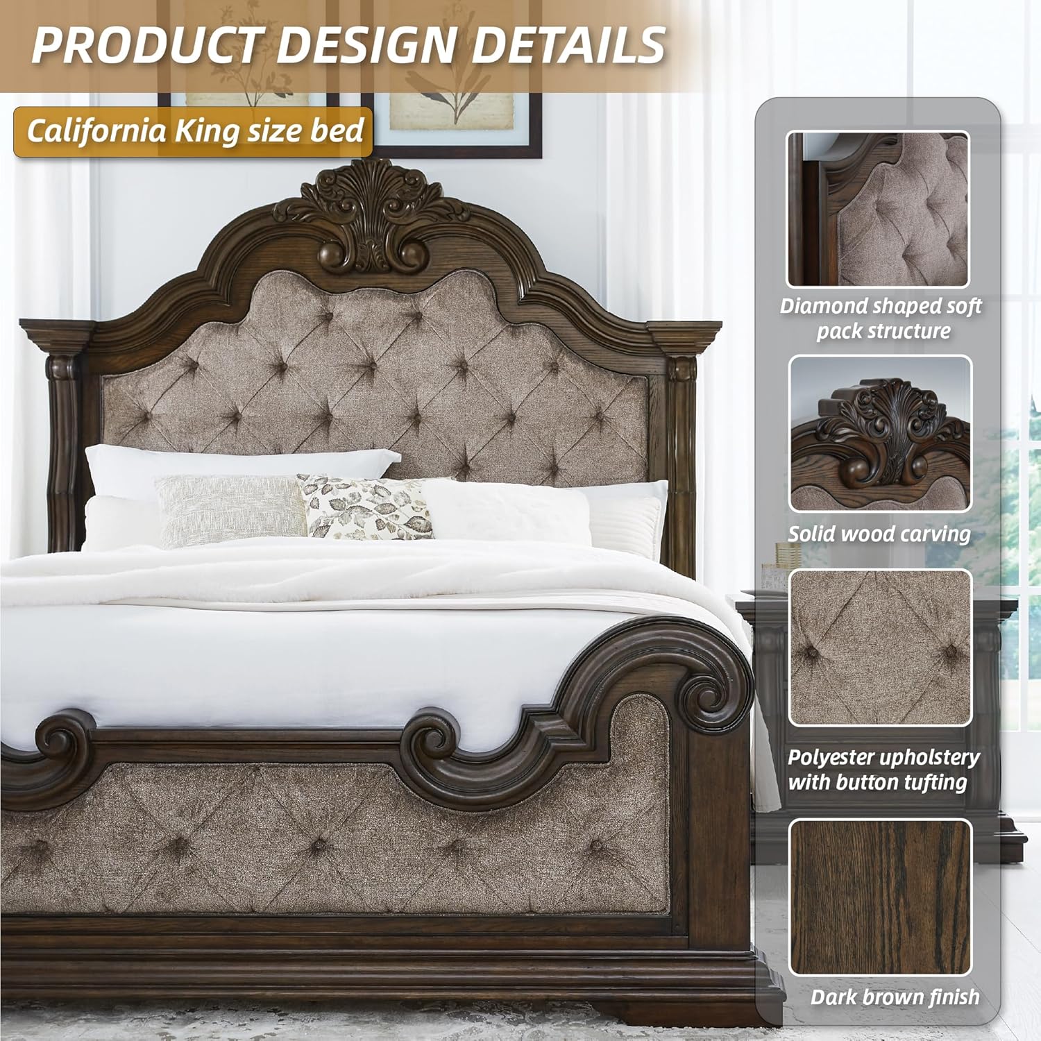 Traditional Tufted California King Bed 🛏️ Elegant Upholstered Panel, Plush Comfort – Dark Brown & Beige
