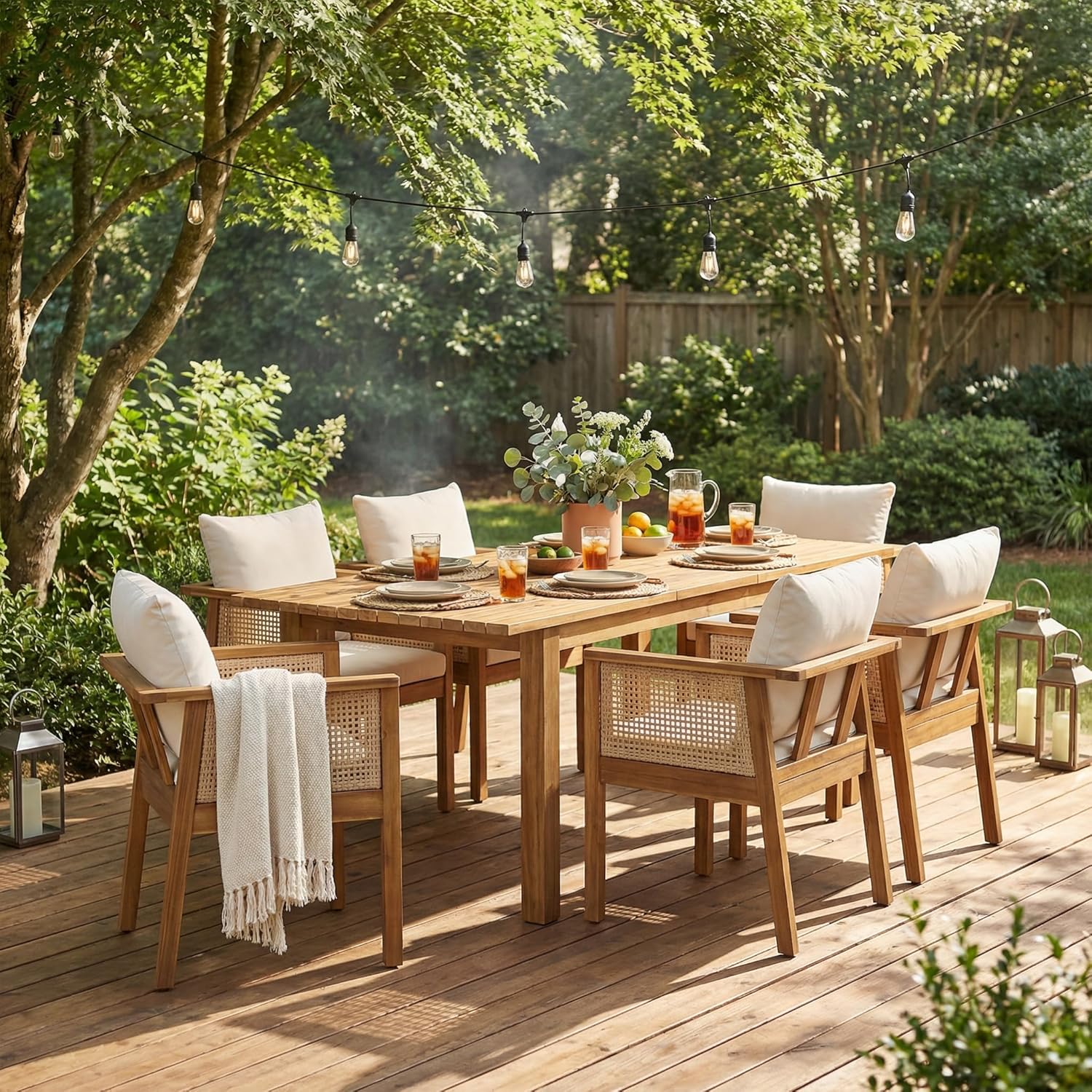 Extendable Acacia Wood Outdoor Dining Set for 6 🍽️ Expandable Patio Table & Chairs – Solid Wood Armchairs with Teak & Beige Cushions, Perfect for Backyard & Patio